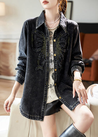Spring Peter Denim Black Collar Pan Button Casual Patchwork Coats FashionChic