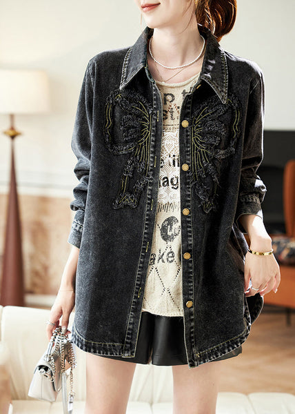 Spring Peter Denim Black Collar Pan Button Casual Patchwork Coats FashionChic