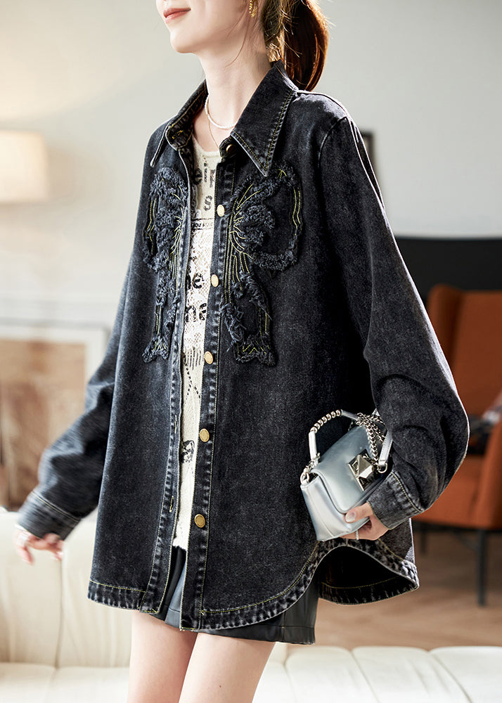 Spring Peter Denim Black Collar Pan Button Casual Patchwork Coats FashionChic