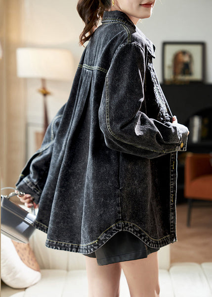 Spring Peter Denim Black Collar Pan Button Casual Patchwork Coats FashionChic