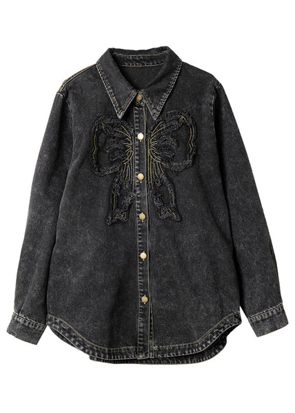 Spring Peter Denim Black Collar Pan Button Casual Patchwork Coats FashionChic