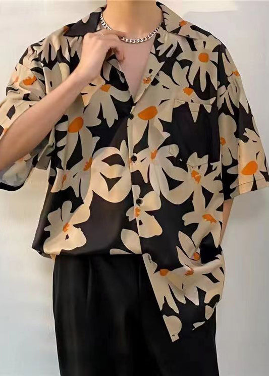 Casual Black Peter Pan Collar Print Men Hawaiian Shirts Summer HG032 Men-Silk-MENSTP240725