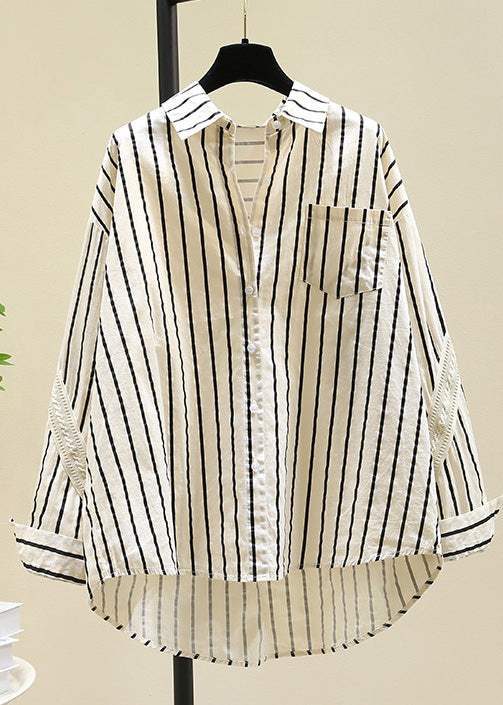 Casual Black Peter Pan Collar Striped Cotton Blouse Top Fall RF011 ABC