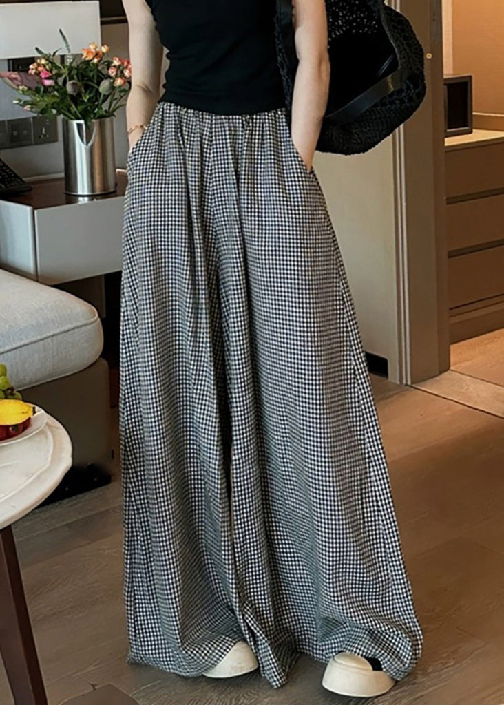 Casual Black Plaid Pockets Elastic Waist Wide Leg Pants VB1045 Ada Fashion