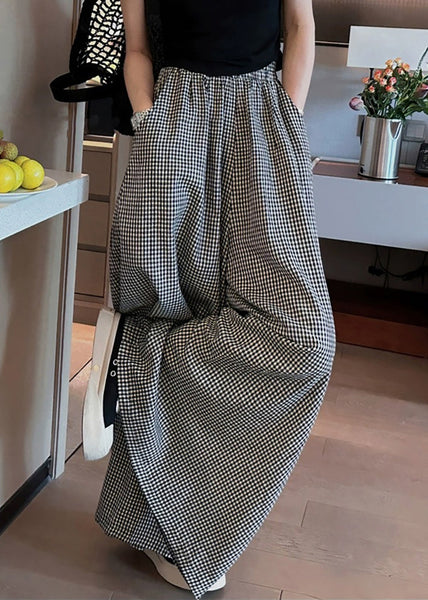 Casual Black Plaid Pockets Elastic Waist Wide Leg Pants VB1045 Ada Fashion