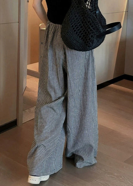 Casual Black Plaid Pockets Elastic Waist Wide Leg Pants VB1045 Ada Fashion