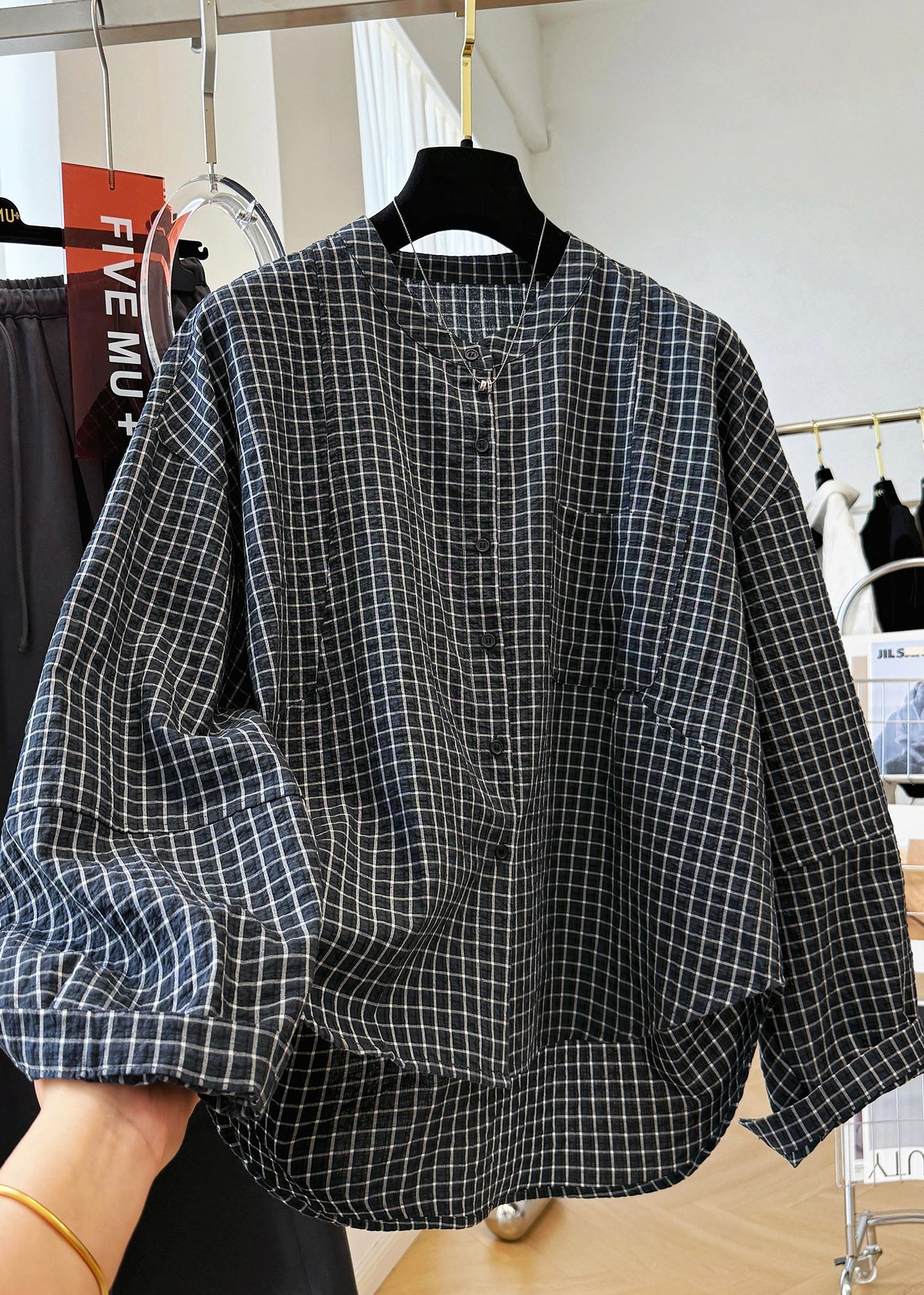 Shirt Plaid Fall Pockets Cotton Collar Top Casual Stand Black FashionChic
