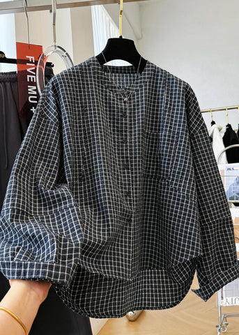 Shirt Plaid Fall Pockets Cotton Collar Top Casual Stand Black FashionChic