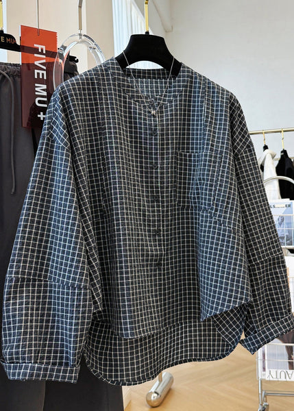 Shirt Plaid Fall Pockets Cotton Collar Top Casual Stand Black FashionChic