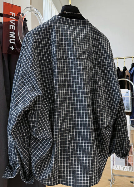 Shirt Plaid Fall Pockets Cotton Collar Top Casual Stand Black FashionChic