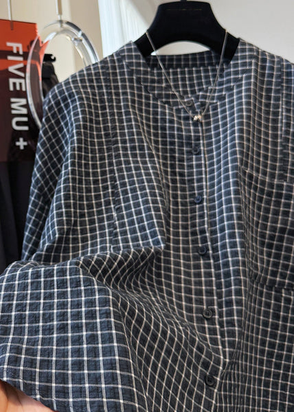 Shirt Plaid Fall Pockets Cotton Collar Top Casual Stand Black FashionChic