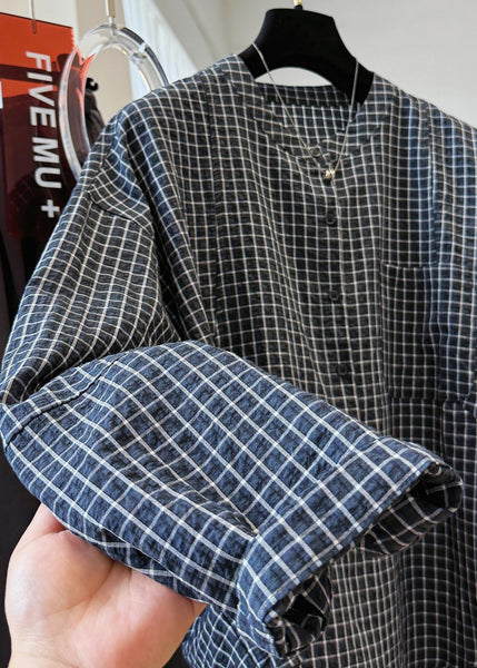 Shirt Plaid Fall Pockets Cotton Collar Top Casual Stand Black FashionChic