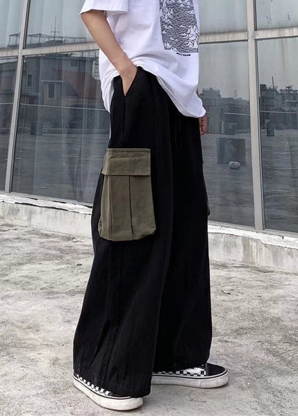 Pants Black Cotton Casual Summer Patchwork Leg Men Pockets Wide FashionChic