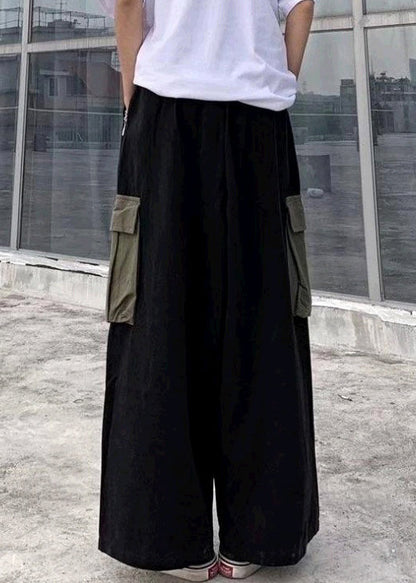 Pants Black Cotton Casual Summer Patchwork Leg Men Pockets Wide FashionChic