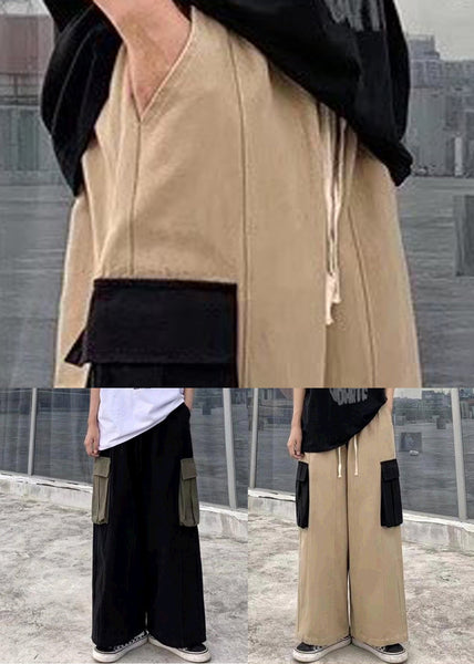 Pants Black Cotton Casual Summer Patchwork Leg Men Pockets Wide FashionChic