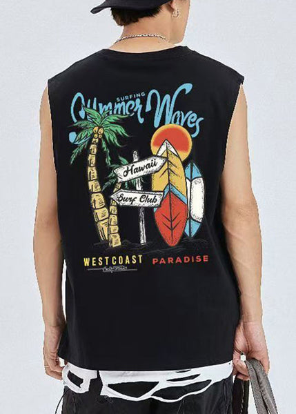 Cozy Black Men Graphic Print Cotton Tees Casual Sleeveless FashionChic