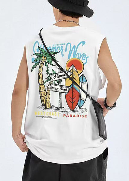 Cozy Black Men Graphic Print Cotton Tees Casual Sleeveless FashionChic