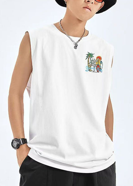 Cozy Black Men Graphic Print Cotton Tees Casual Sleeveless FashionChic