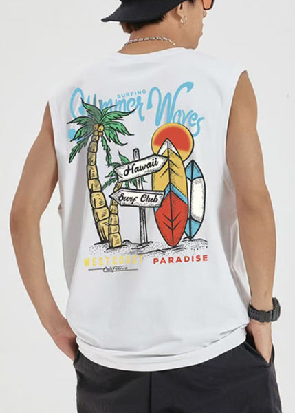 Cozy Black Men Graphic Print Cotton Tees Casual Sleeveless FashionChic