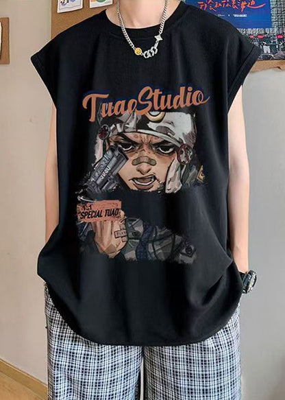 Summer Oversized Tanks Cotton Mens Black Print Casual FashionChic