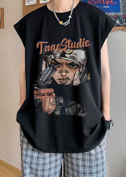 Summer Oversized Tanks Cotton Mens Black Print Casual FashionChic