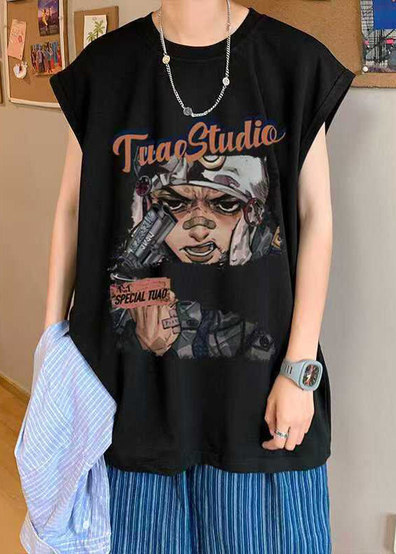 Summer Oversized Tanks Cotton Mens Black Print Casual FashionChic