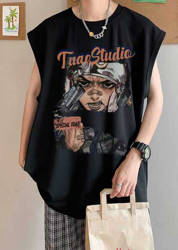 Summer Oversized Tanks Cotton Mens Black Print Casual FashionChic
