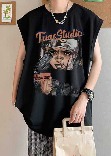 Summer Oversized Tanks Cotton Mens Black Print Casual FashionChic
