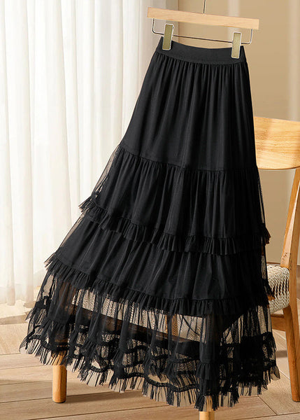Cake Waist Tulle Skirts Ruffled Elastic Black Casual Long FashionChic