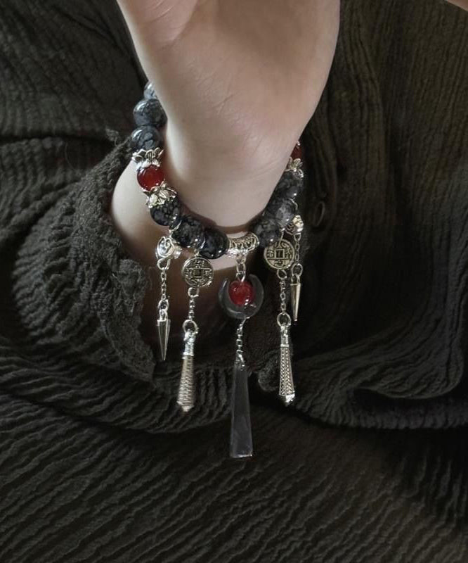 Bracelet Silver Tassel Sterling Agate Charm Black Casual FashionChic