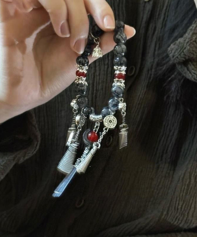 Bracelet Silver Tassel Sterling Agate Charm Black Casual FashionChic