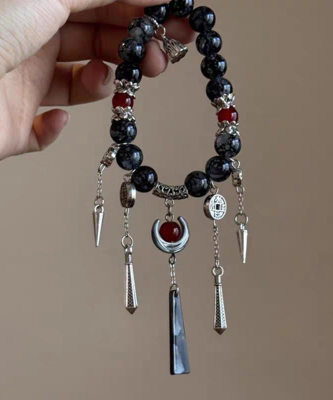 Bracelet Silver Tassel Sterling Agate Charm Black Casual FashionChic