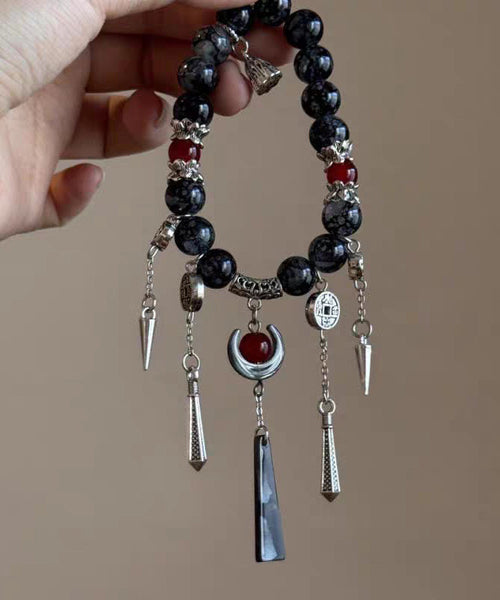 Bracelet Silver Tassel Sterling Agate Charm Black Casual FashionChic