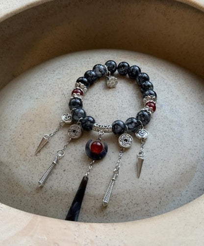 Bracelet Silver Tassel Sterling Agate Charm Black Casual FashionChic