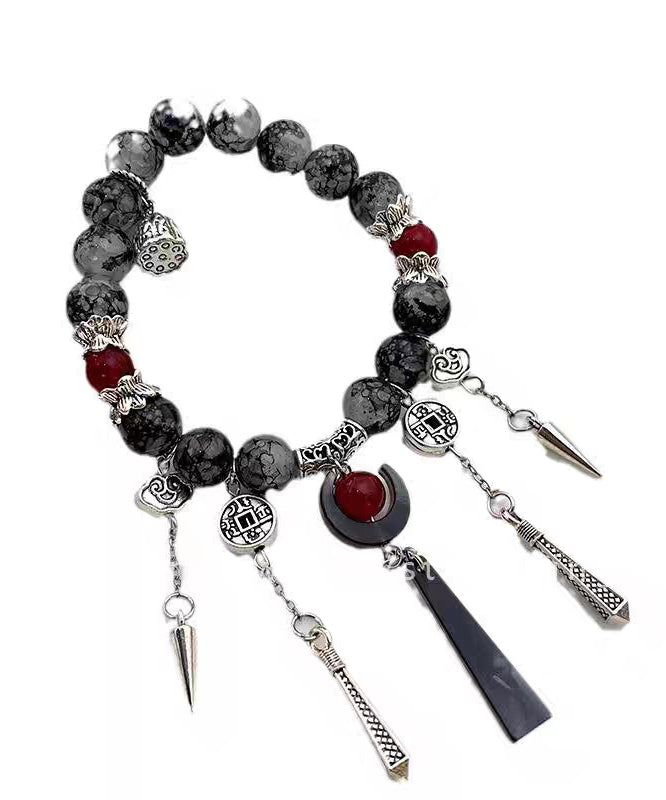 Bracelet Silver Tassel Sterling Agate Charm Black Casual FashionChic