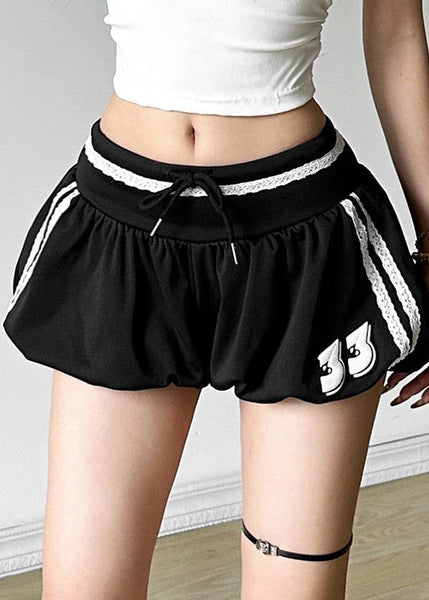 Waist Casual Shorts Striped Cotton Summer Elastic Black FashionChic