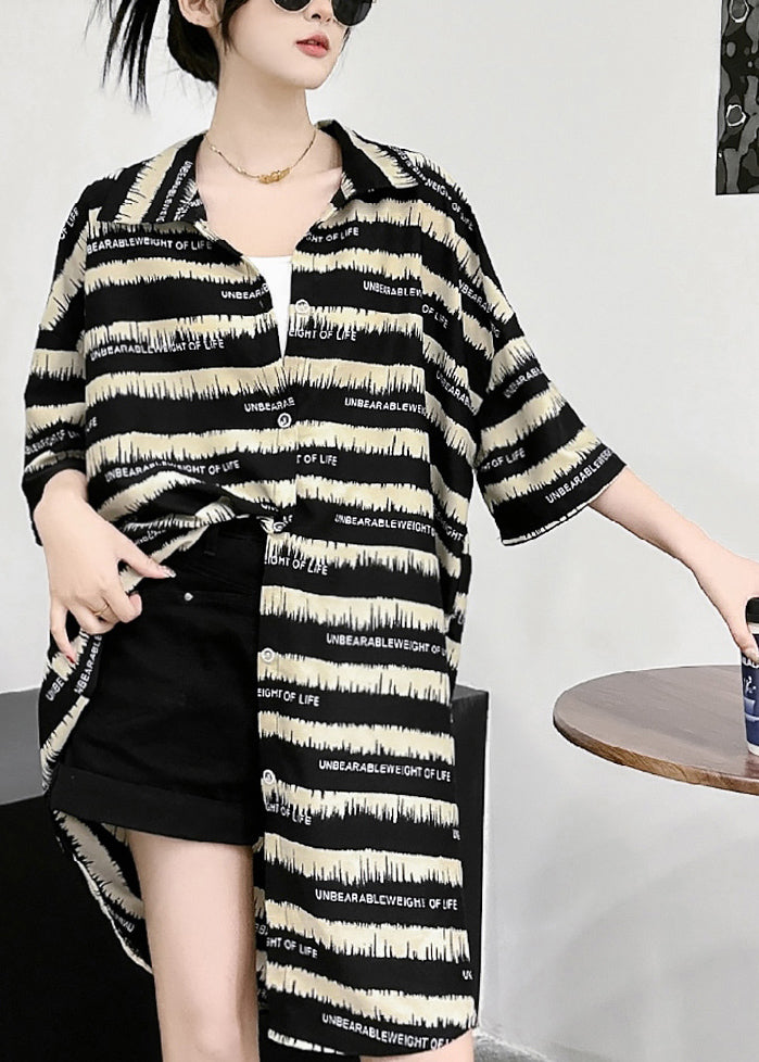 Casual Black Striped Peter Pan Collar Ice Silk Mid Dress Short Sleeve UU1020 SH-LF-SDM240526