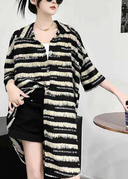 Casual Black Striped Peter Pan Collar Ice Silk Mid Dress Short Sleeve UU1020 SH-LF-SDM240526