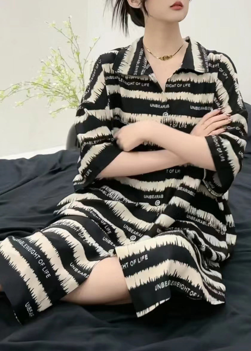 Casual Black Striped Peter Pan Collar Ice Silk Mid Dress Short Sleeve UU1020 SH-LF-SDM240526