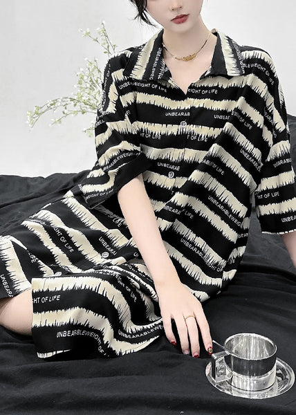 Casual Black Striped Peter Pan Collar Ice Silk Mid Dress Short Sleeve UU1020 SH-LF-SDM240526