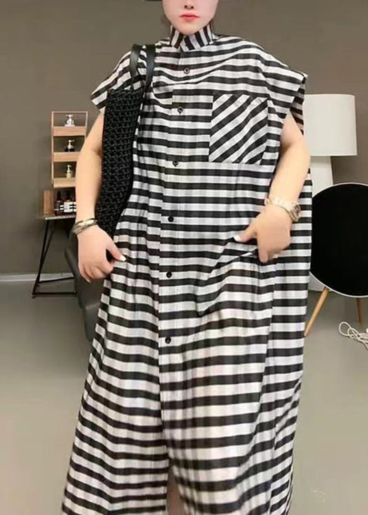 Casual Black Striped Stand Collar Button Maxi Dress Short Sleeve TR017 MZF-SDL240727