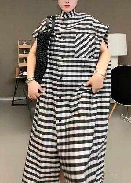 Casual Black Striped Stand Collar Button Maxi Dress Short Sleeve TR017 MZF-SDL240727