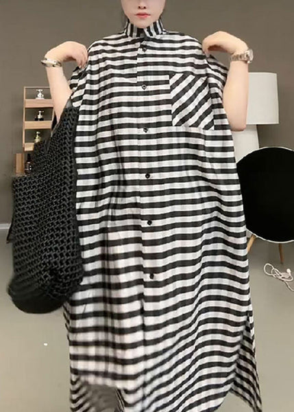 Casual Black Striped Stand Collar Button Maxi Dress Short Sleeve TR017 MZF-SDL240727