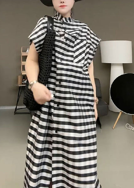 Casual Black Striped Stand Collar Button Maxi Dress Short Sleeve TR017 MZF-SDL240727