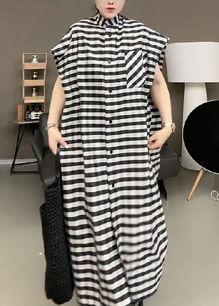 Casual Black Striped Stand Collar Button Maxi Dress Short Sleeve TR017 MZF-SDL240727