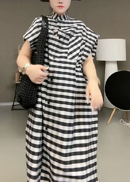 Casual Black Striped Stand Collar Button Maxi Dress Short Sleeve TR017 MZF-SDL240727