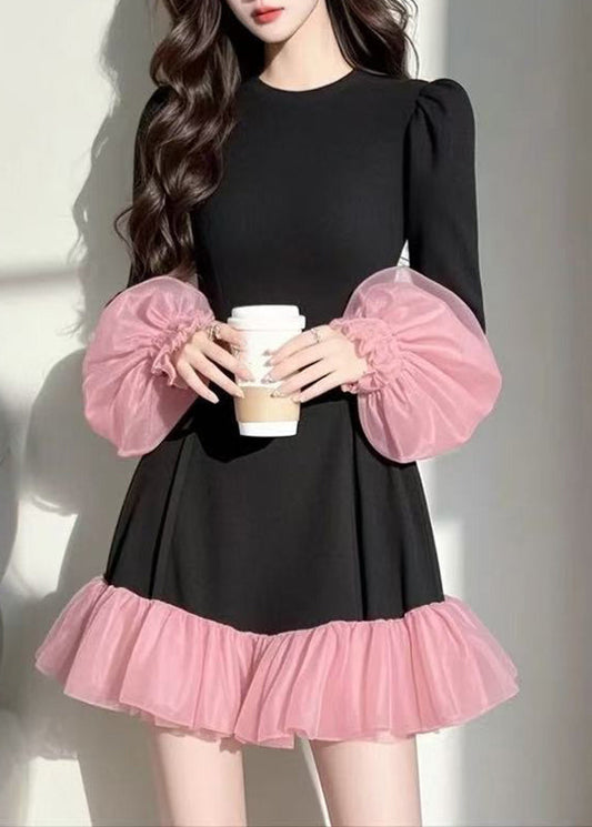 Casual Puff Sleeve Patchwork Black Vacation Dresses Mid Tulle FashionChic