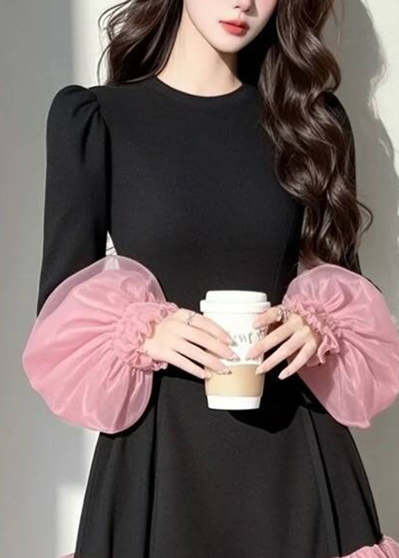 Casual Puff Sleeve Patchwork Black Vacation Dresses Mid Tulle FashionChic