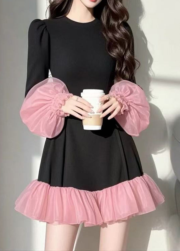 Casual Puff Sleeve Patchwork Black Vacation Dresses Mid Tulle FashionChic