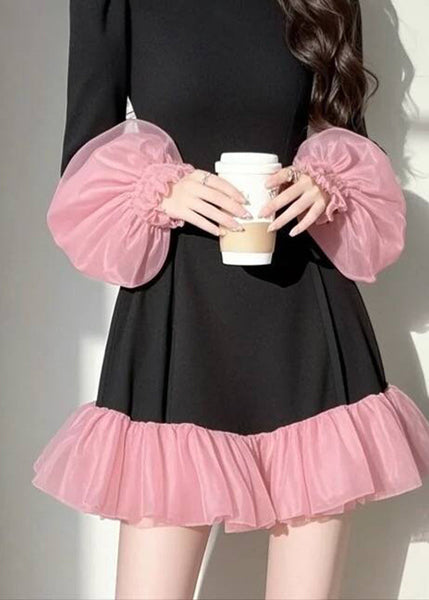 Casual Puff Sleeve Patchwork Black Vacation Dresses Mid Tulle FashionChic